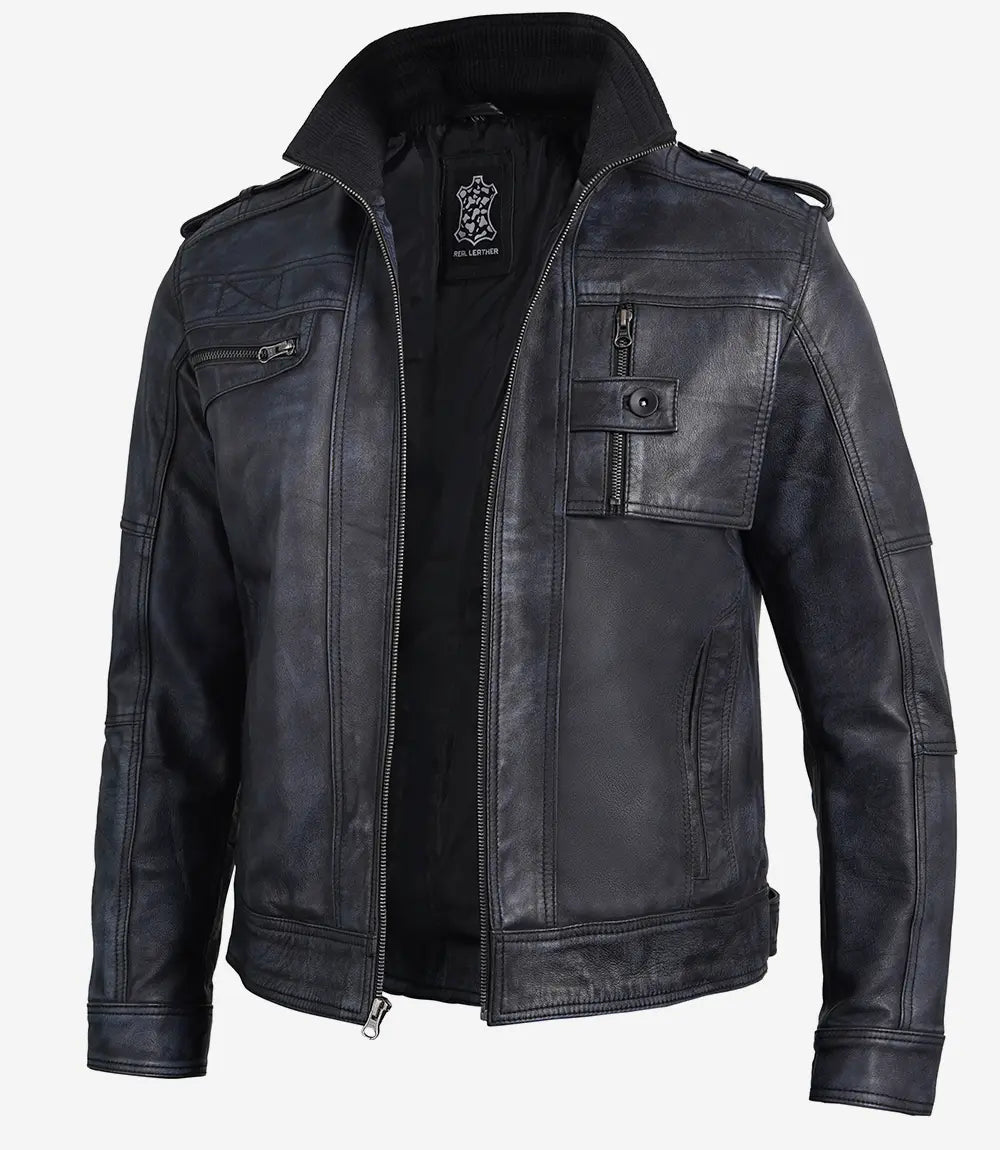 Veste en cuir pour homme en détresse noire