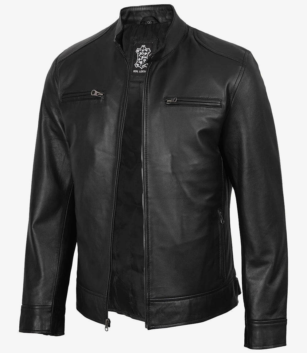 Veste de motard en cuir noir pour homme