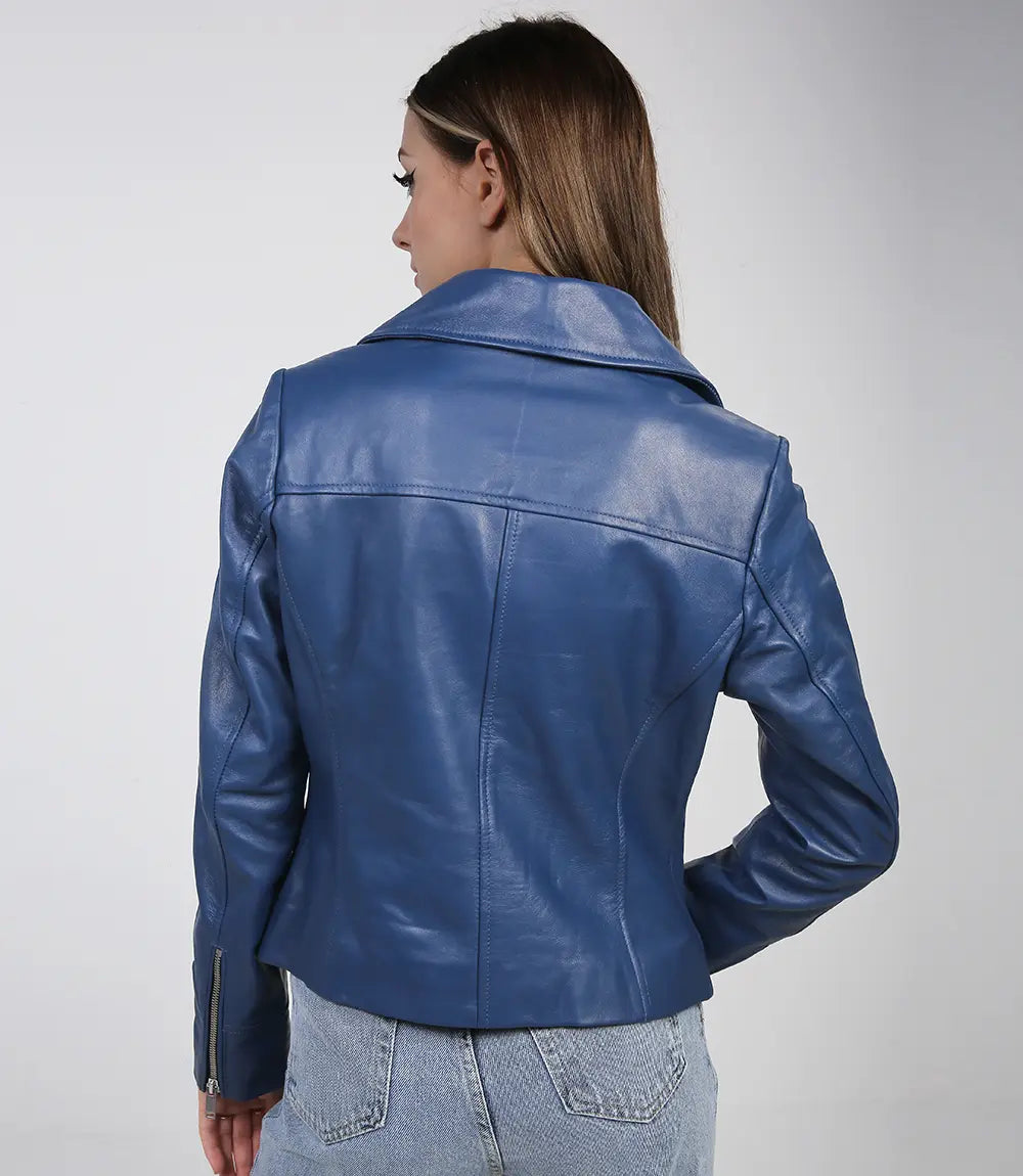 Blouson biker en cuir bleu pour femme au design asymétrique