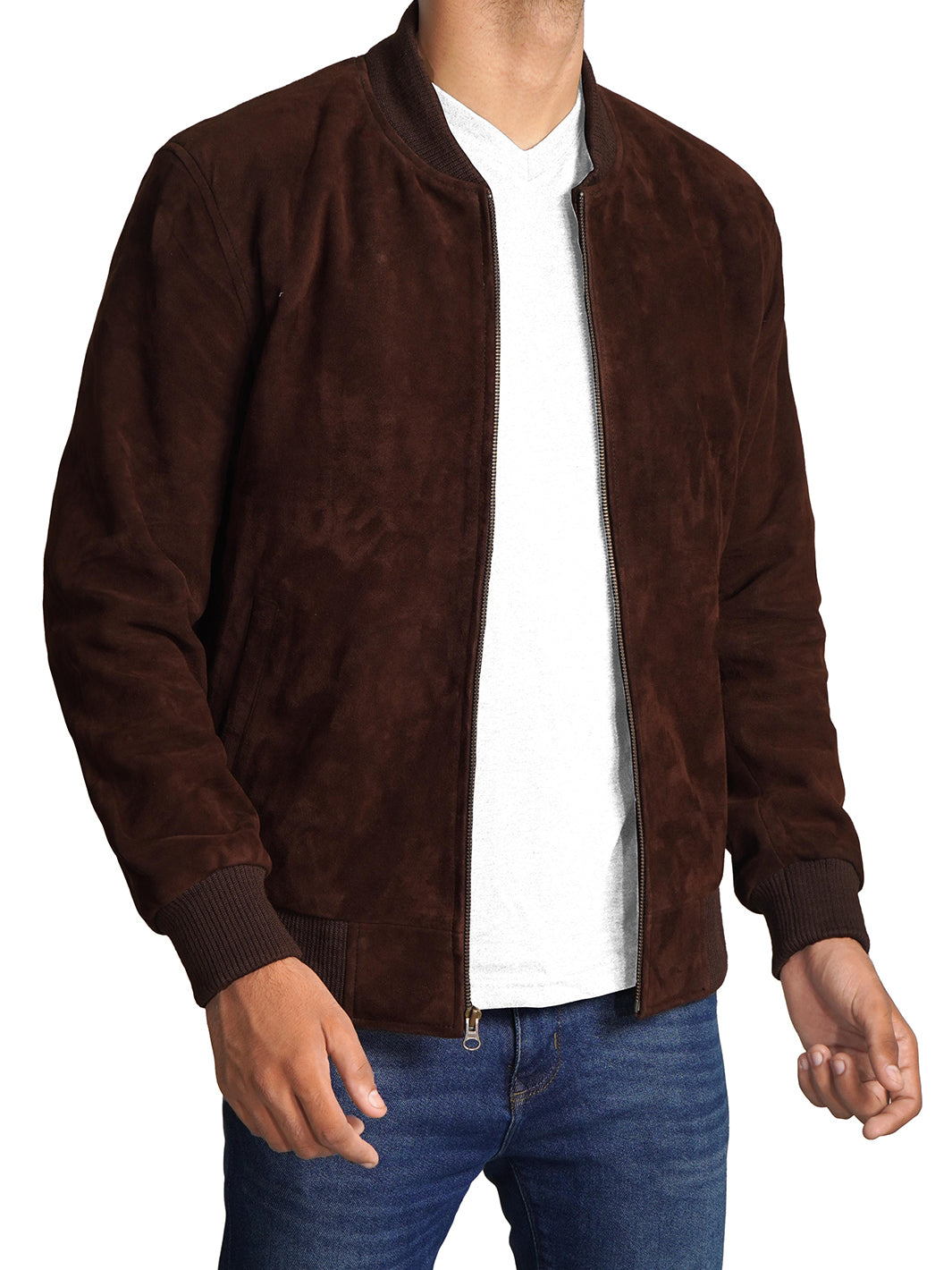 Blouson Bomber en Cuir d'Agneau Véritable en Daim Marron