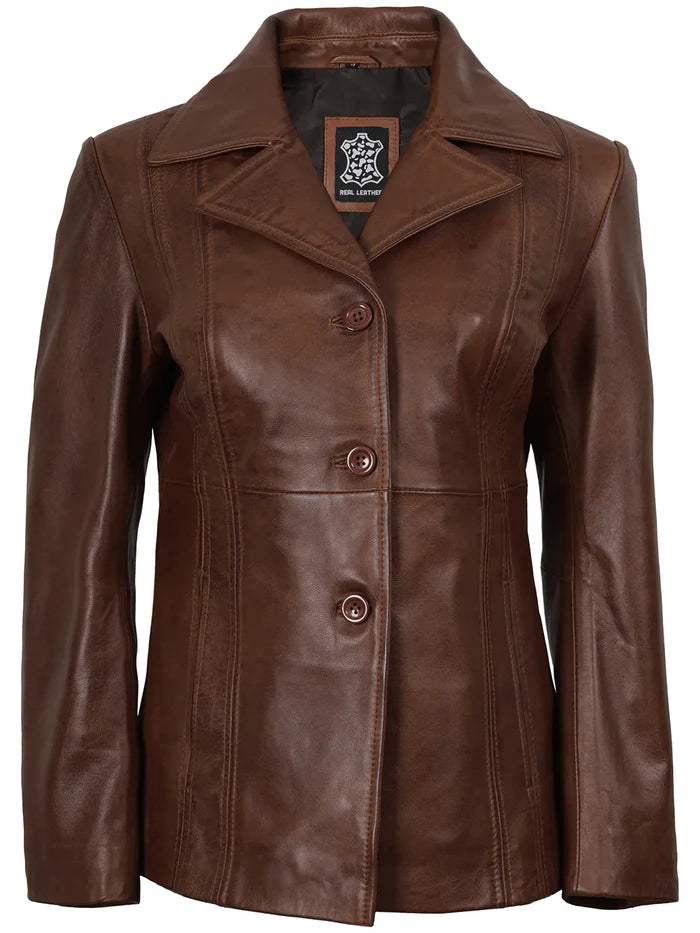 Women's Cognac Brown Leather Blazer