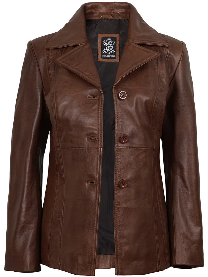 Women's Cognac Brown Leather Blazer