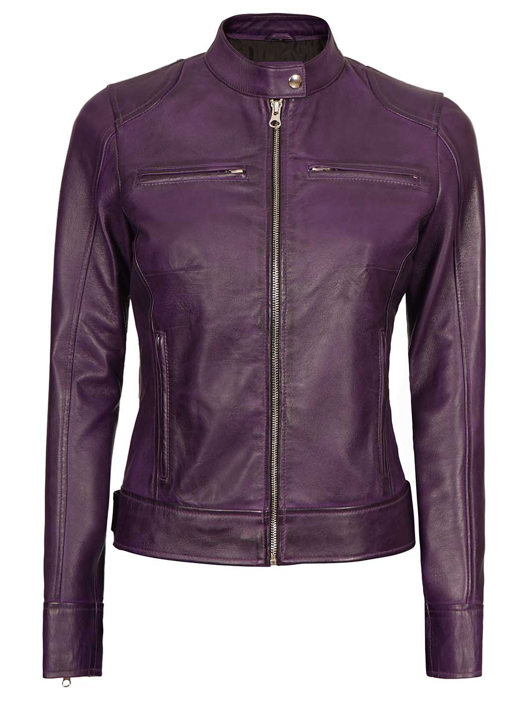 veste en cuir ciré violet pour femme