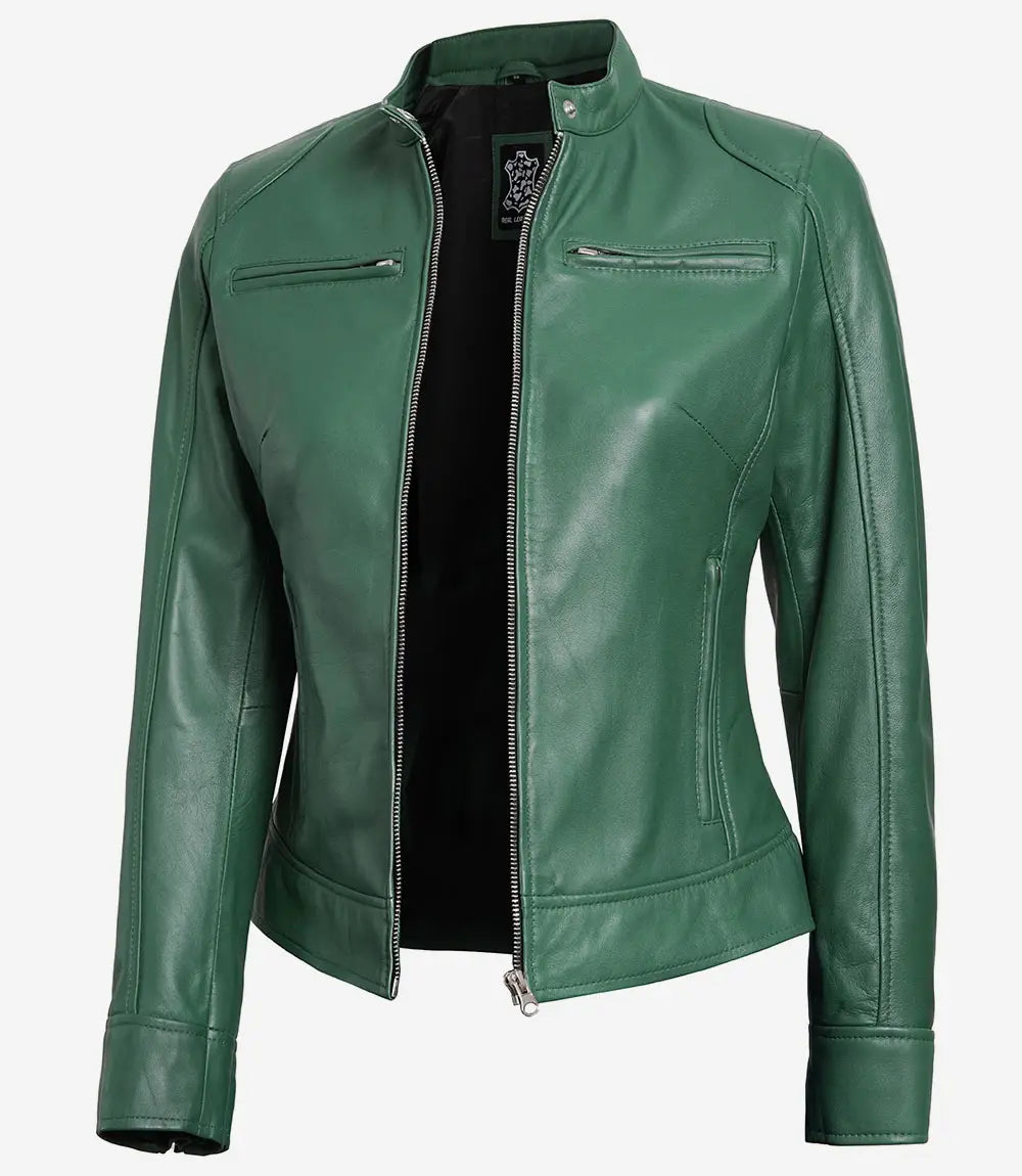 Blouson cuir café racer vert