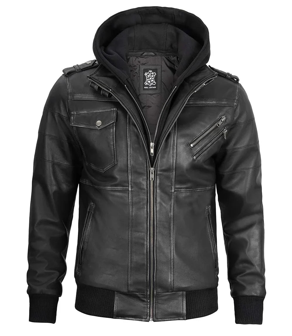 Blouson aviateur en cuir gris pour homme avec capuche amovible