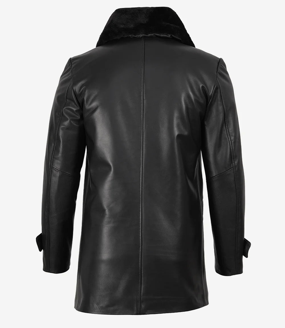 Homme Manteau en Cuir Noir Col en Fourrure
