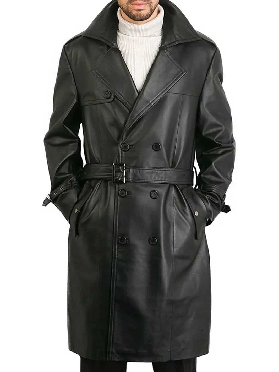 Trench-coat en cuir noir à double boutonnage et ceinture pour homme