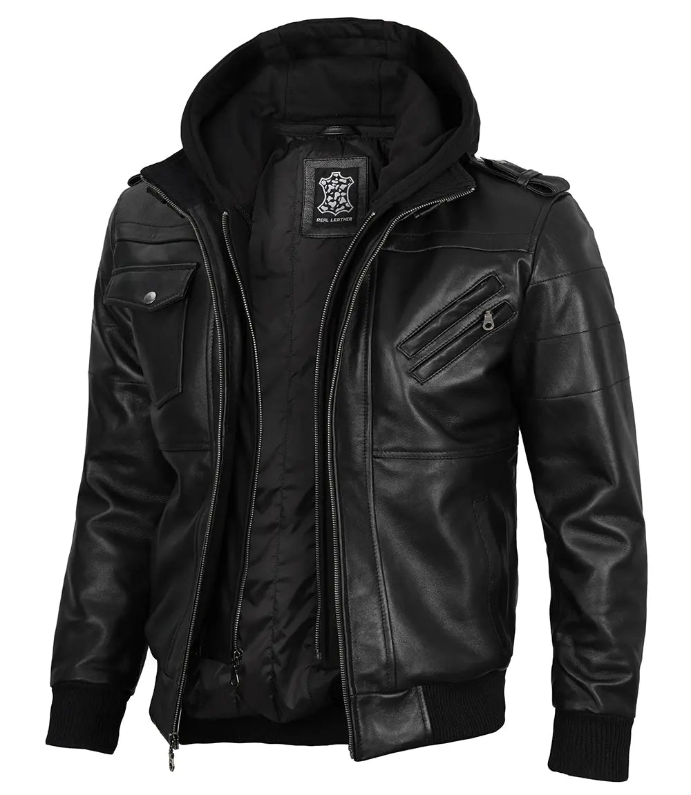 Blouson Bomber Homme Noir à Capuche Amovible