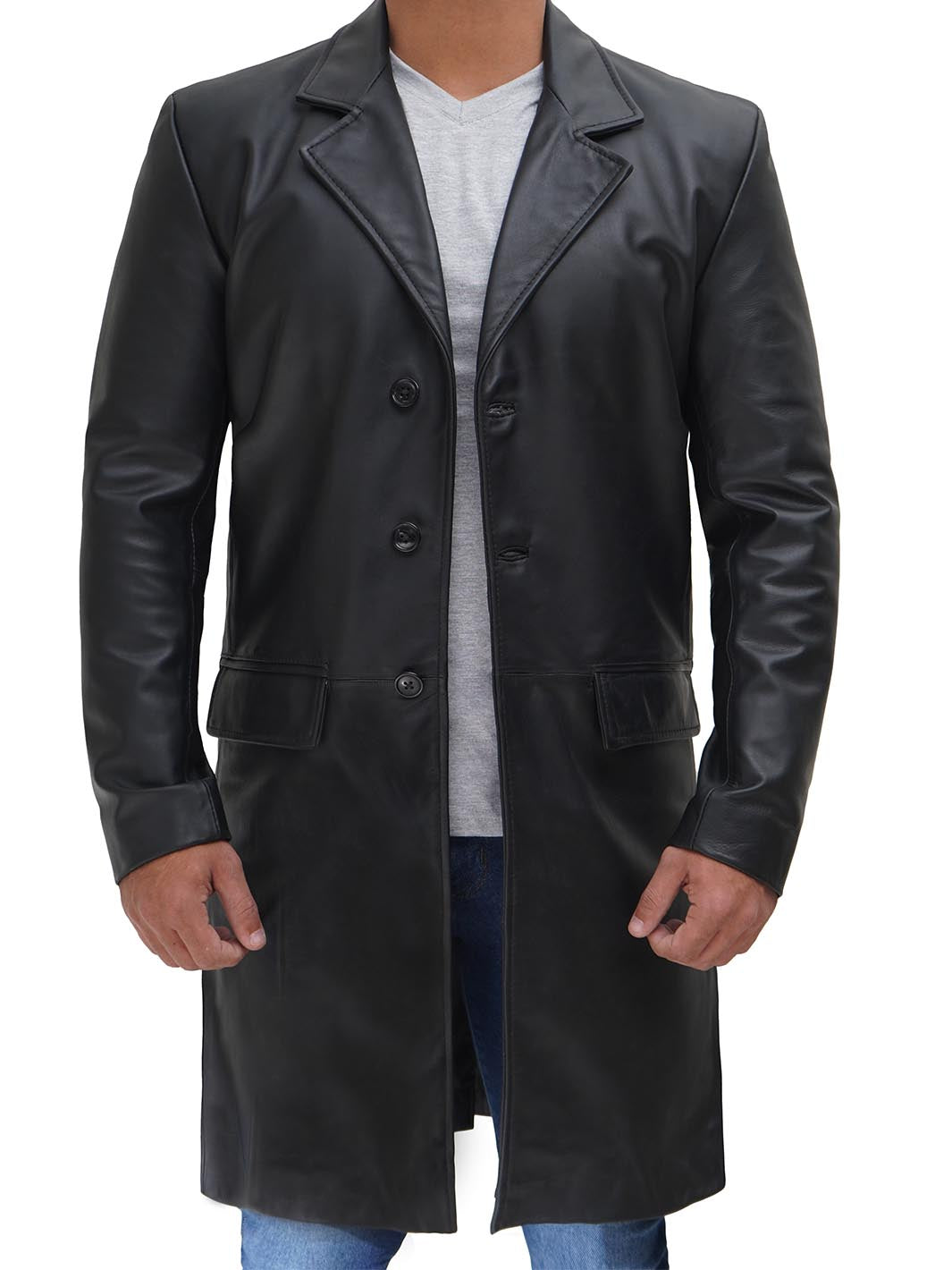 Trench-Coat Long En Cuir Noir Pour Homme