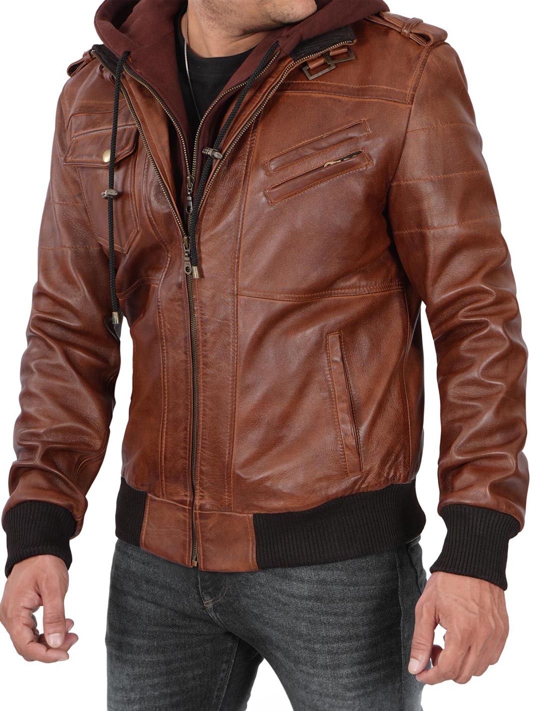 Veste en cuir marron avec capuche Homme