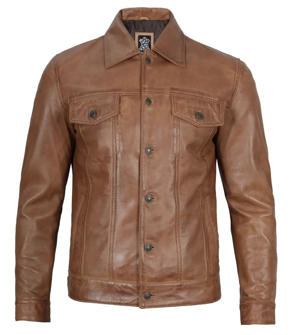 Veste en cuir Camel Trucker Homme
