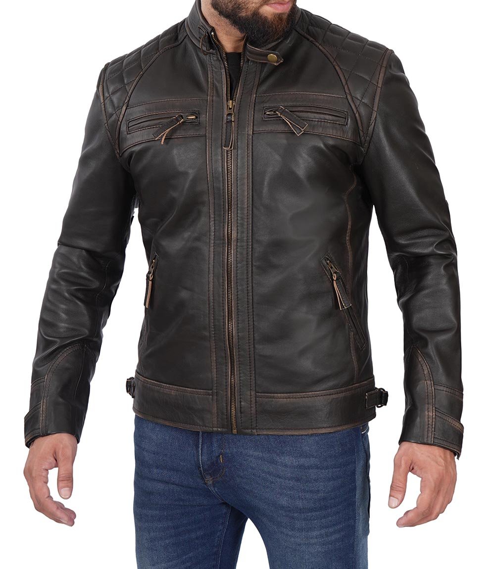 Veste de moto en cuir marron foncé pour homme