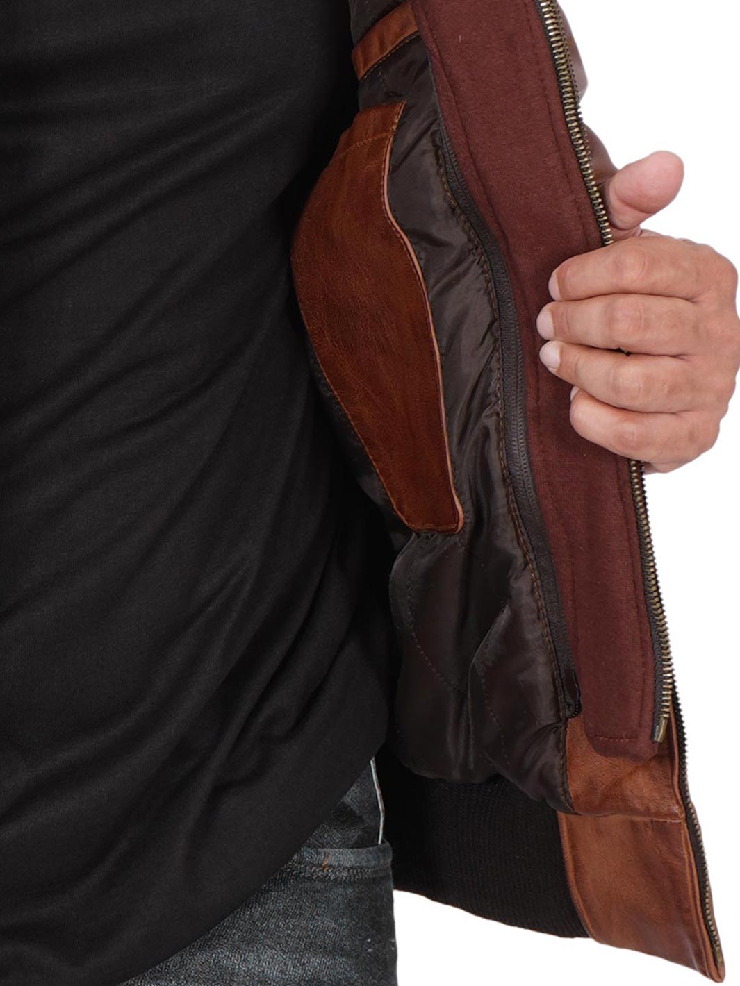 Veste en cuir marron pour homme avec capuche