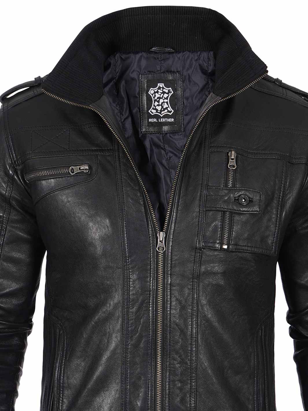 Veste en cuir ciré noir Cafe Racer pour homme
