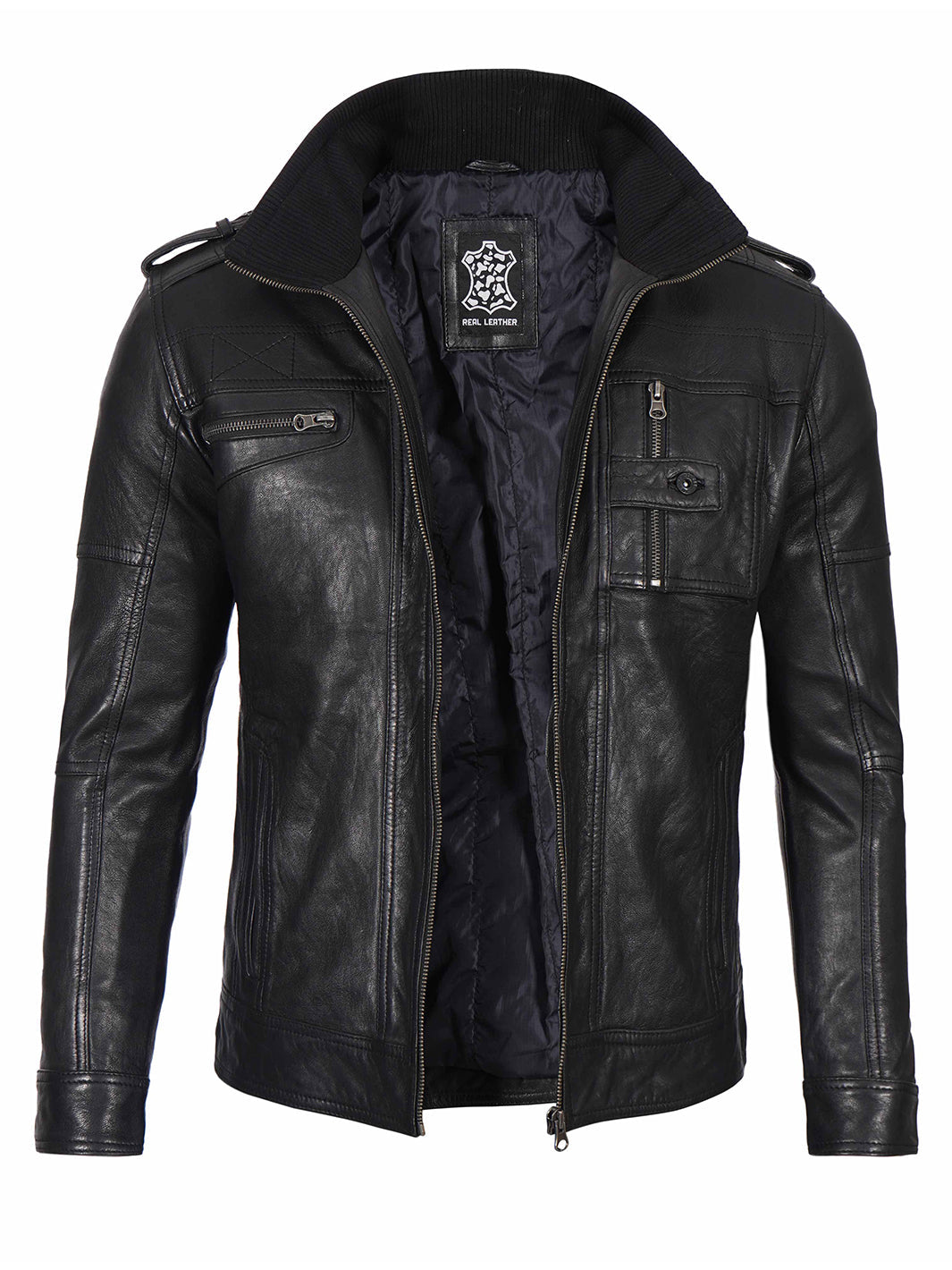 Veste en cuir noire Cafe Racer pour homme