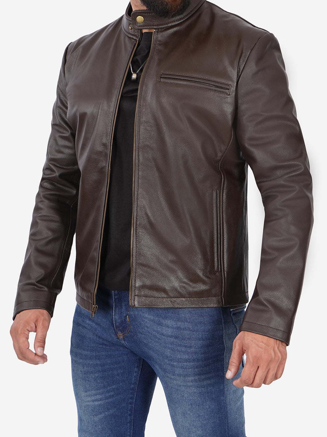 Veste Cafe Racer en cuir de vache marron foncé pour homme