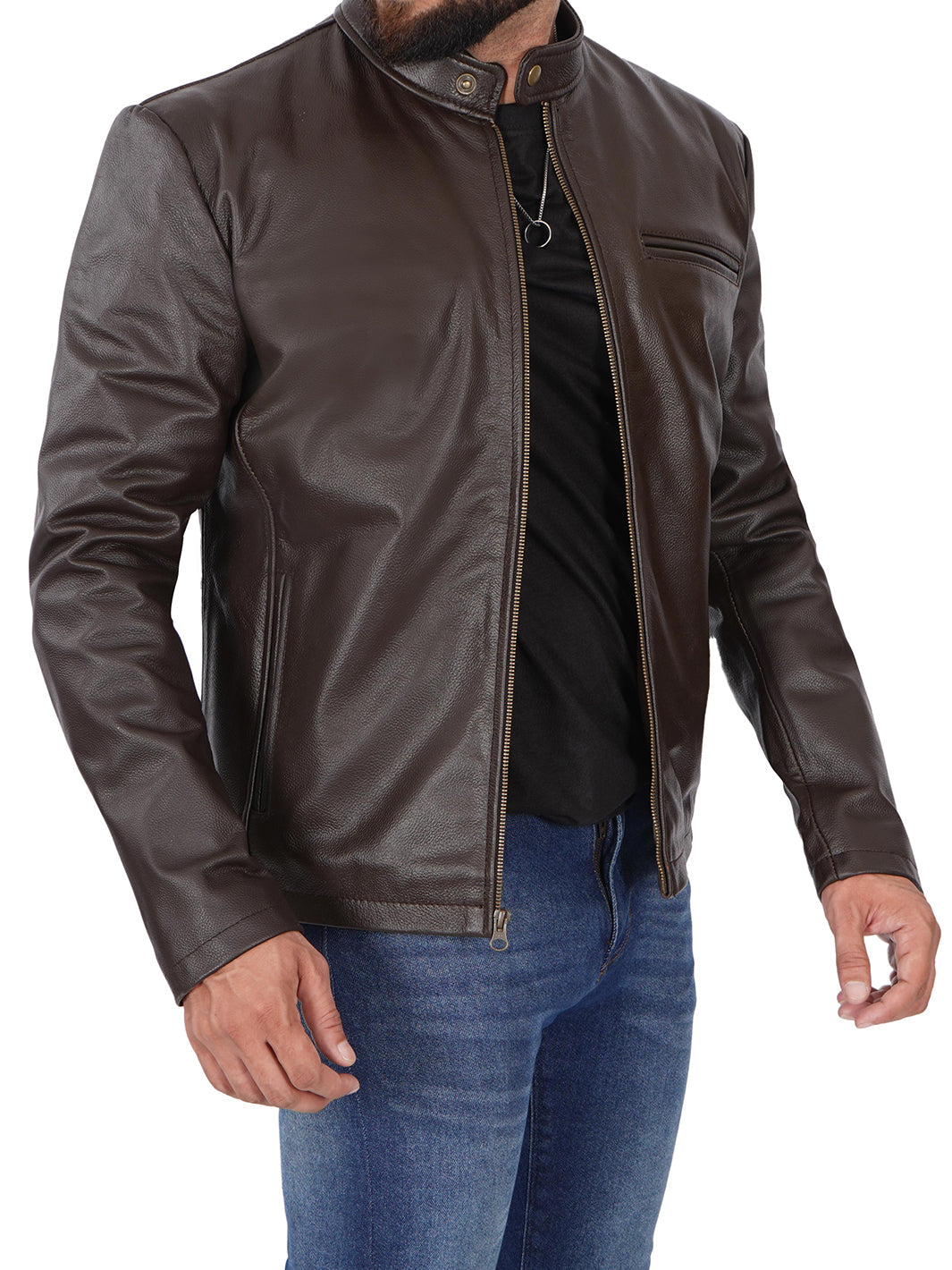 Veste Cafe Racer en cuir de vache marron foncé pour homme