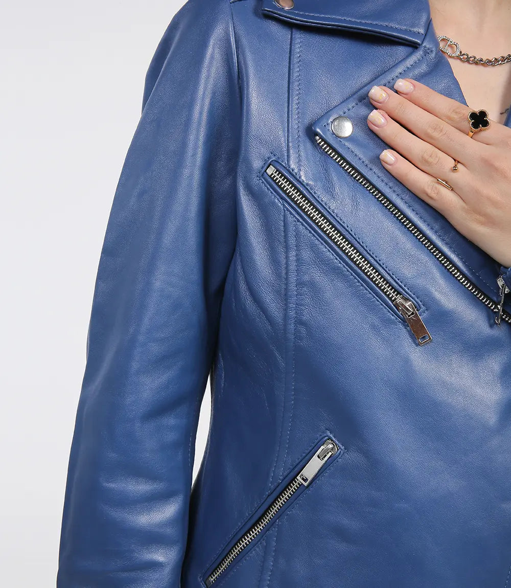 Blouson moto asymétrique en cuir bleu pour femme tendance