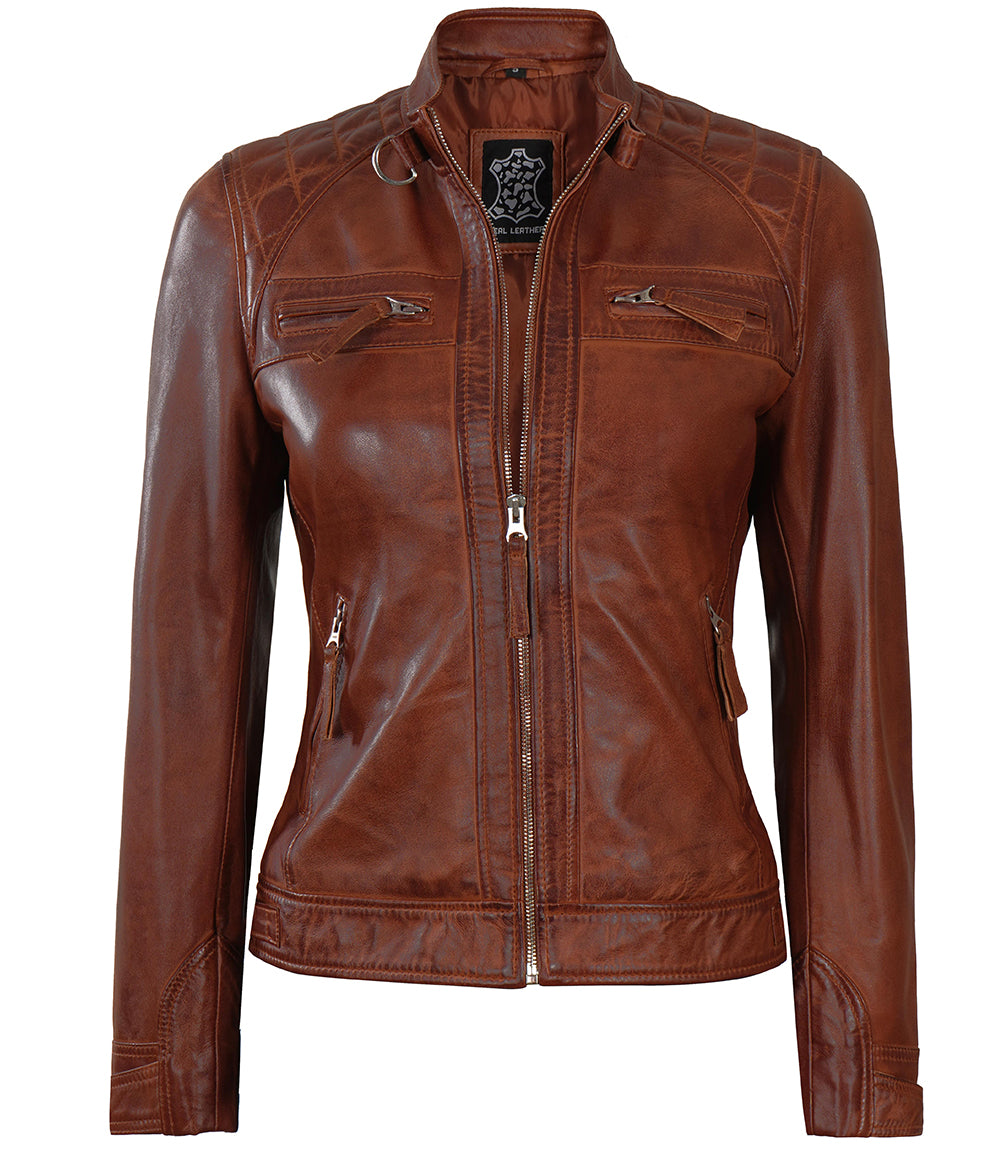 Blouson en cuir matelassé Cognac Cafe Racer pour femme