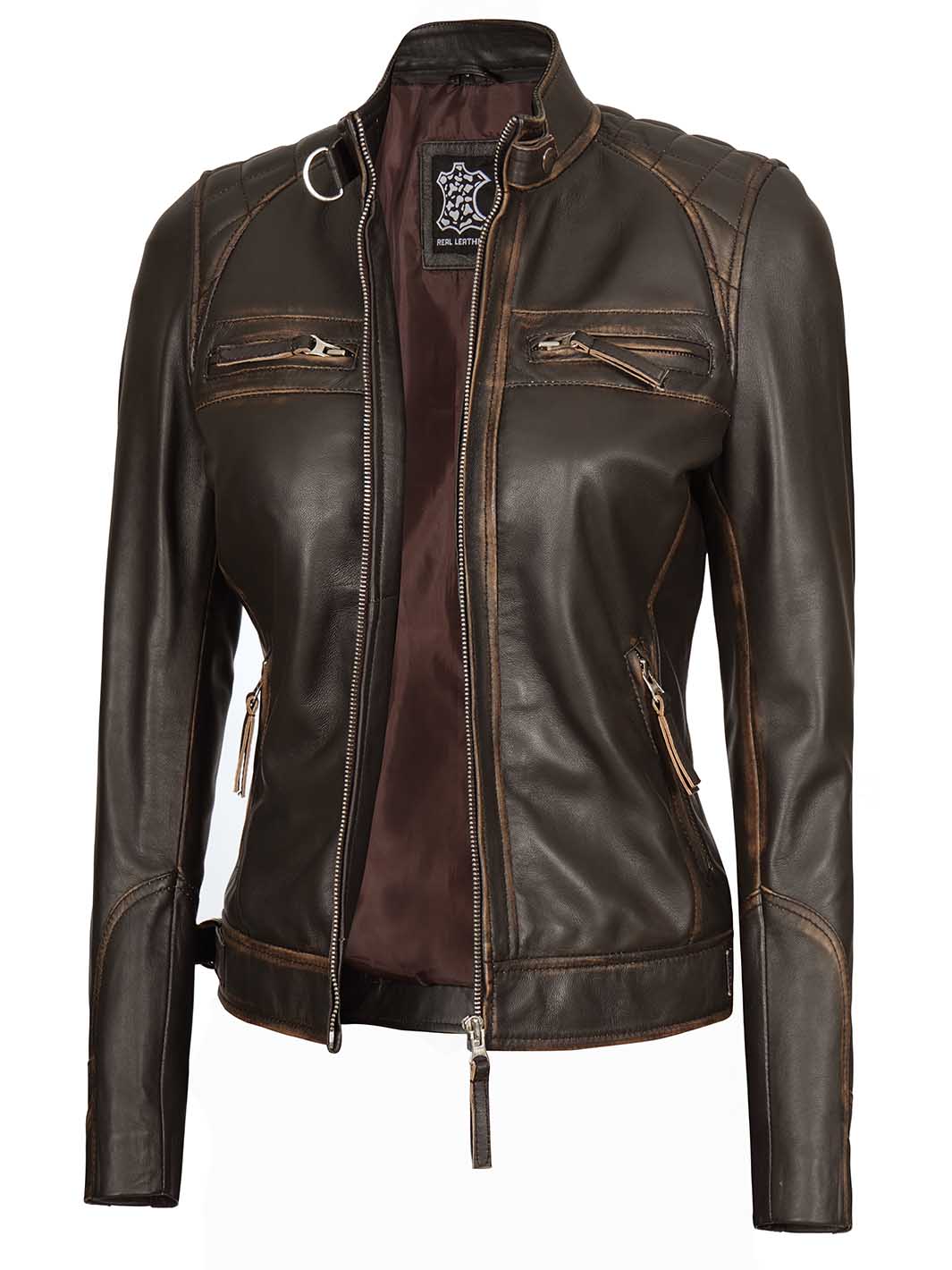 Veste en cuir marron Rub Off pour femme