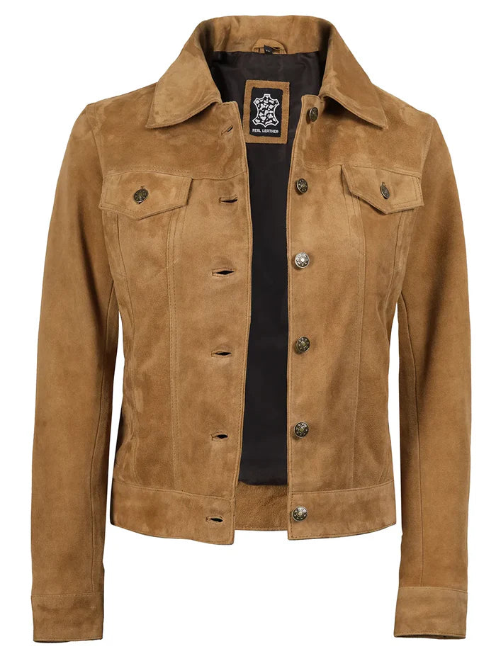 Women's Light Beige Suede Trucker Jacket