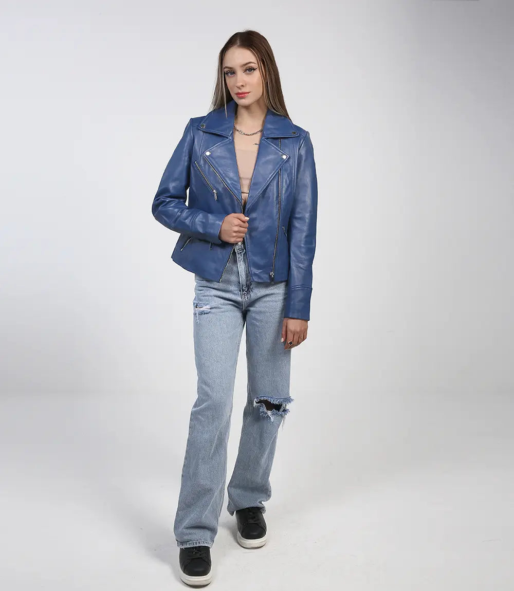 Veste en cuir bleu classique pour femme style motard