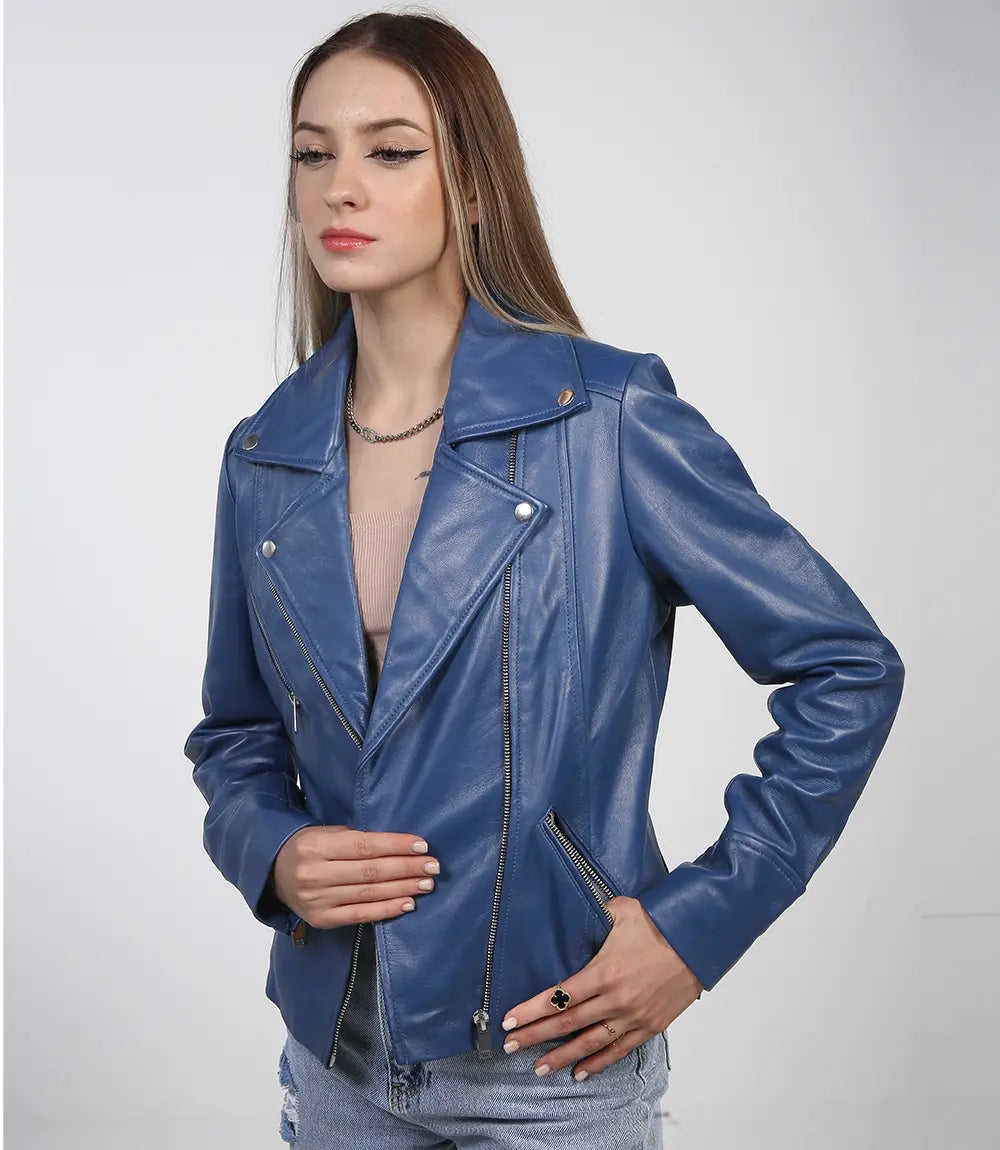 Blouson motard moderne en cuir bleu pour femme