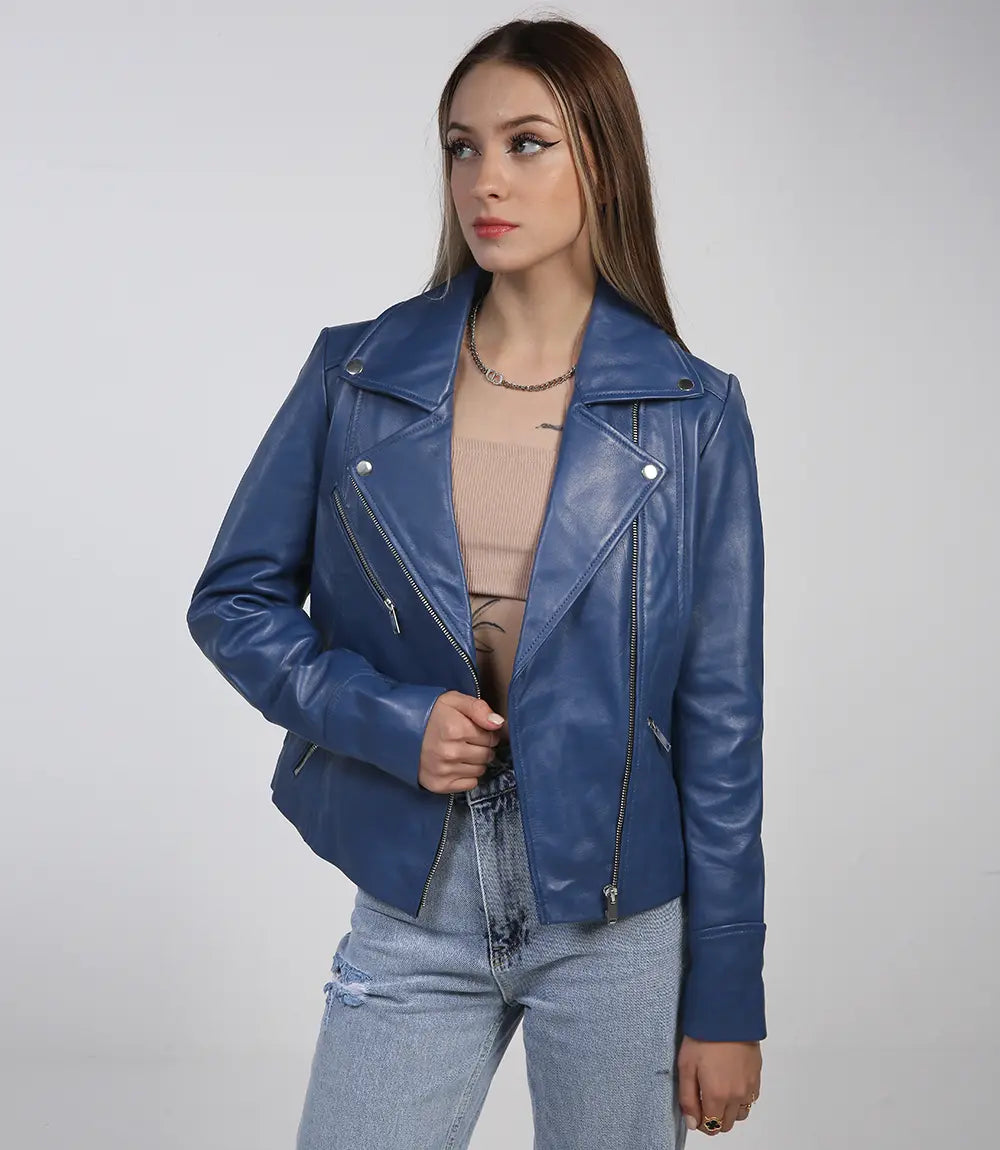 Blouson style motard asymétrique en cuir bleu pour femme