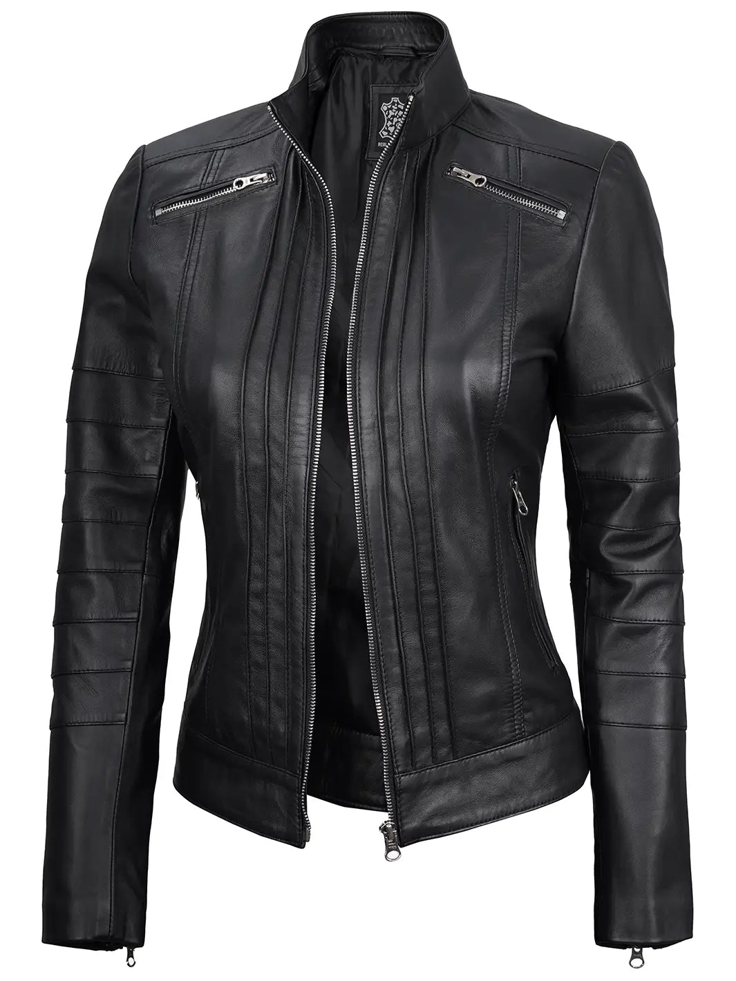 Veste en cuir véritable café racer noire pour femme