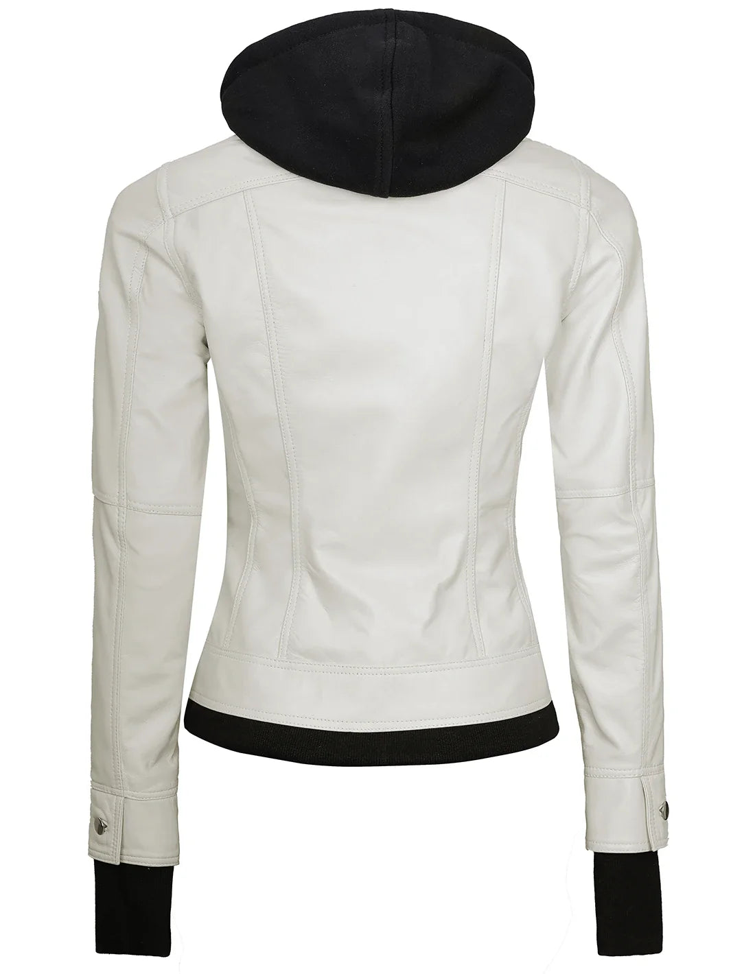 Blouson cuir femme blanc cassé à capuche