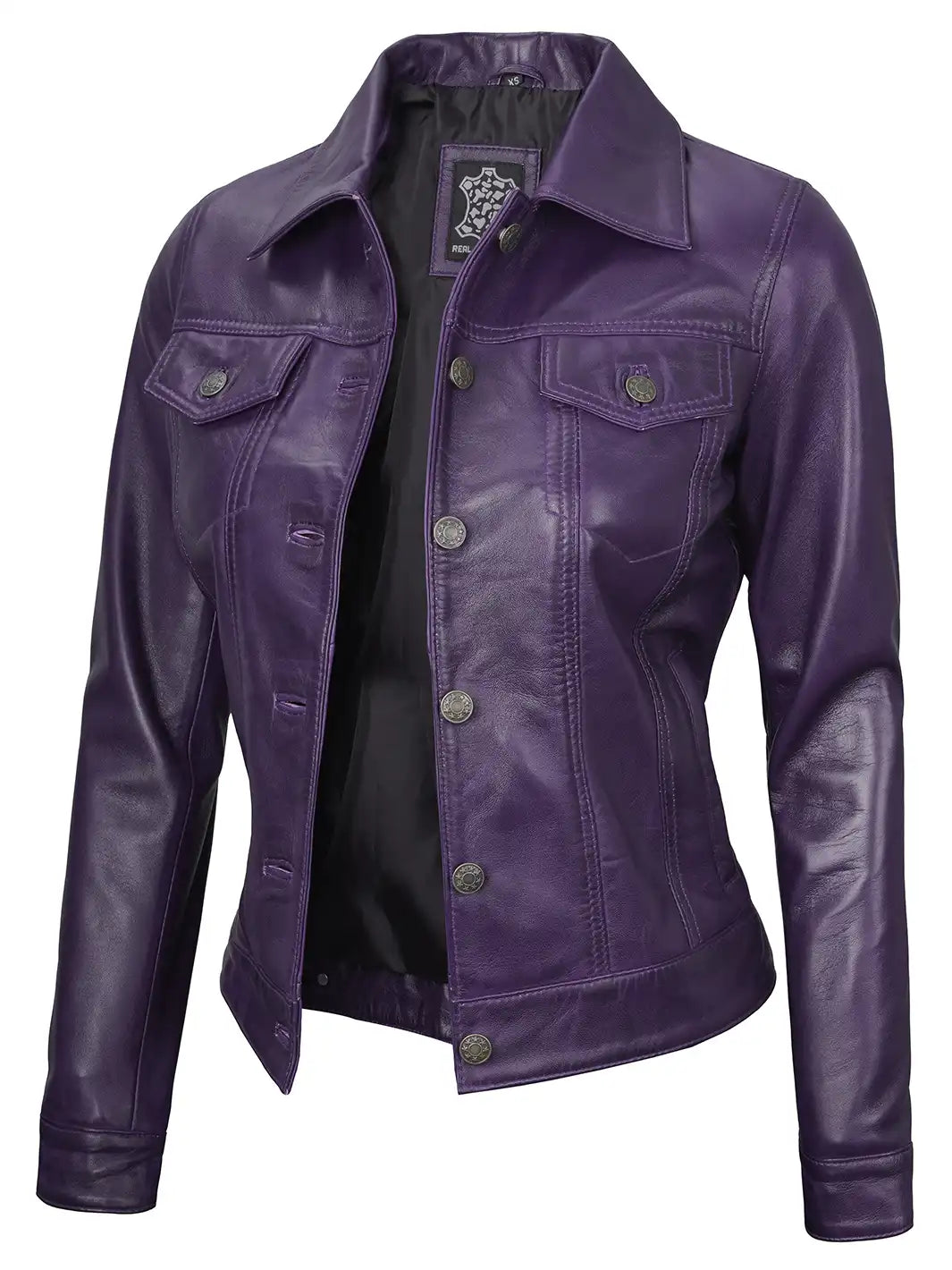 Blouson cuir trucker violet femme