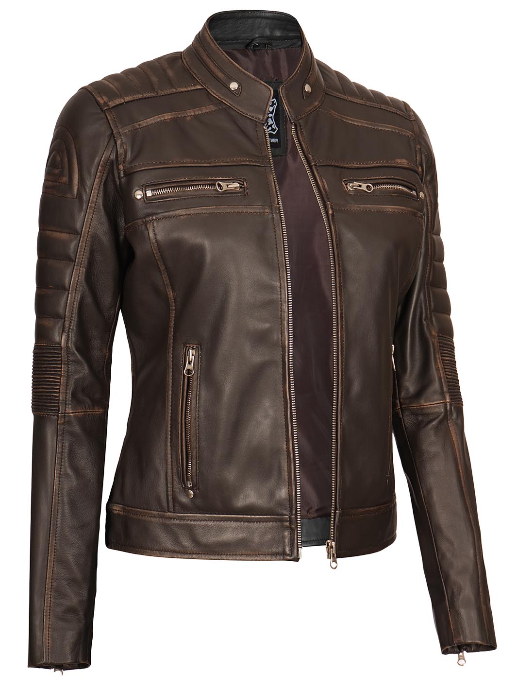 Veste en cuir marron Cafe Racer pour femme