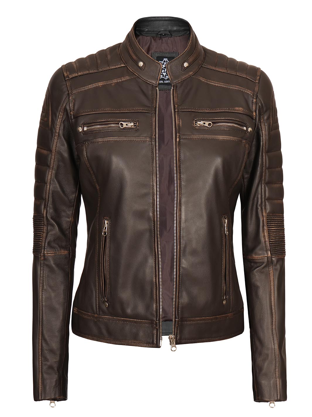 Veste en cuir de motard marron Cafe Racer pour femme
