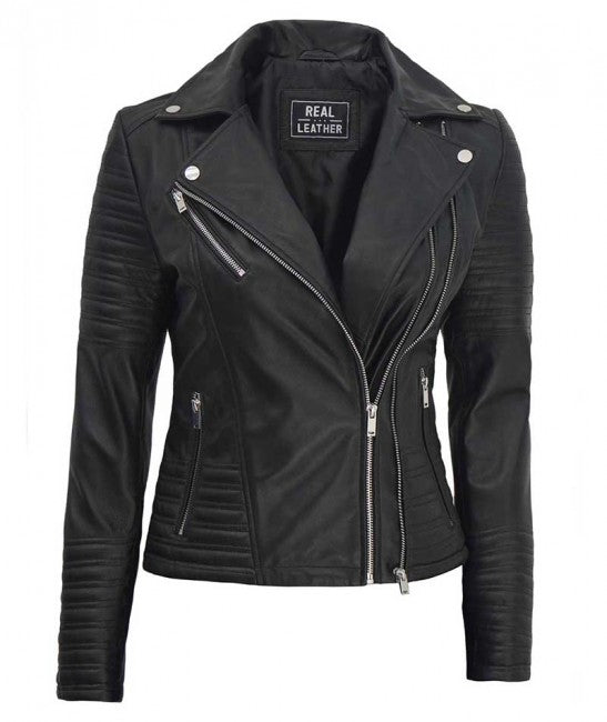 veste en cuir motard noir femme