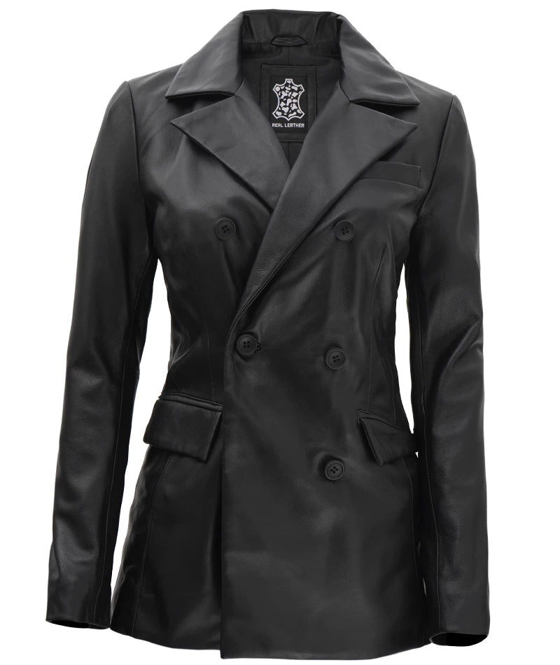 Blazer en cuir noir à double boutonnage pour femme