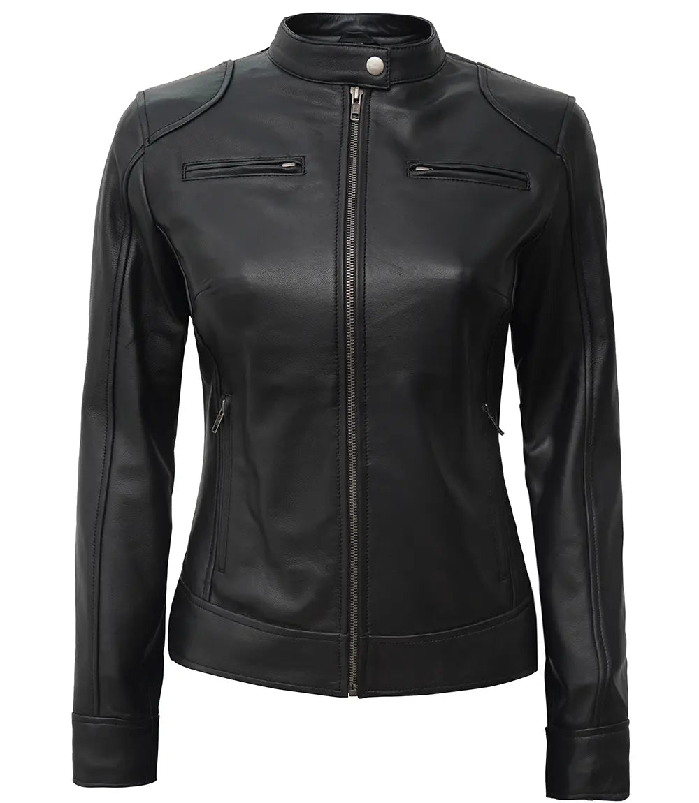 Veste en cuir véritable noir café racer pour femme