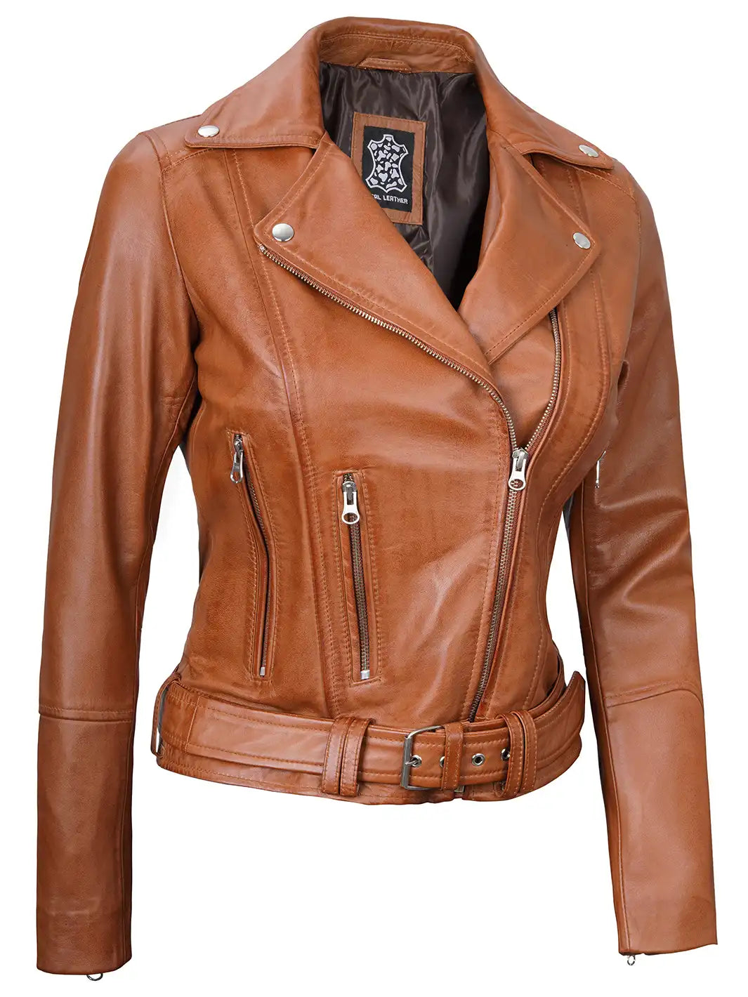 Veste en cuir de motard beige pour femme
