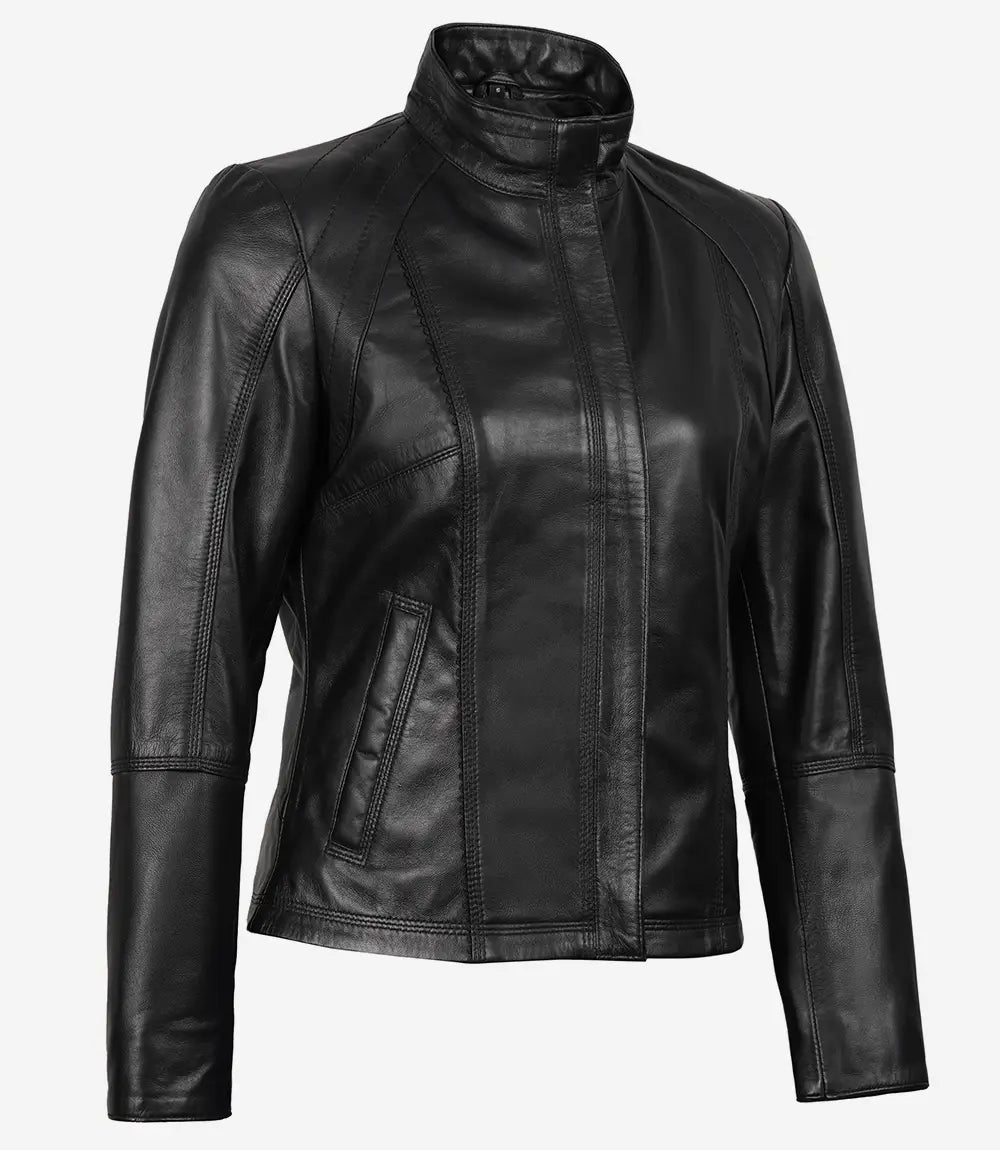 Women's Black Leather Cafe Racer Style Motorcycle Jacket