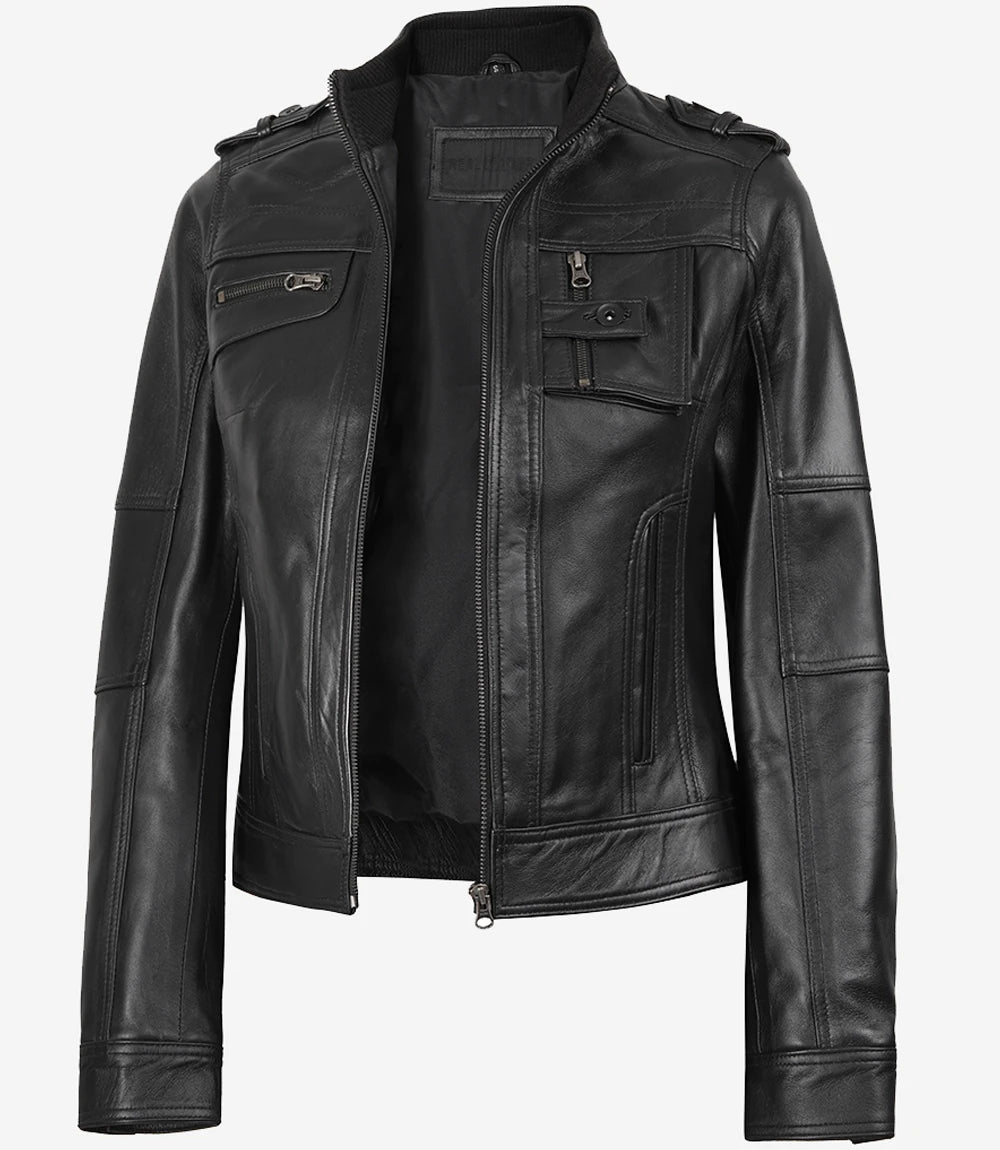 Veste en cuir noire pour femme