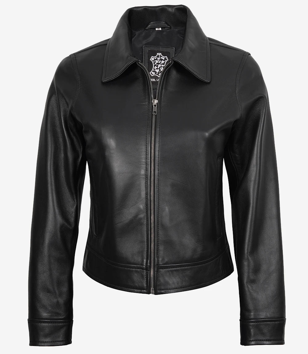 Femmes Noir Harrington Cuir Veste