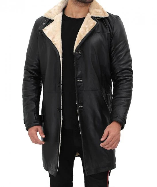 Manteau en peau de mouton noir en cuir véritable pour hommes