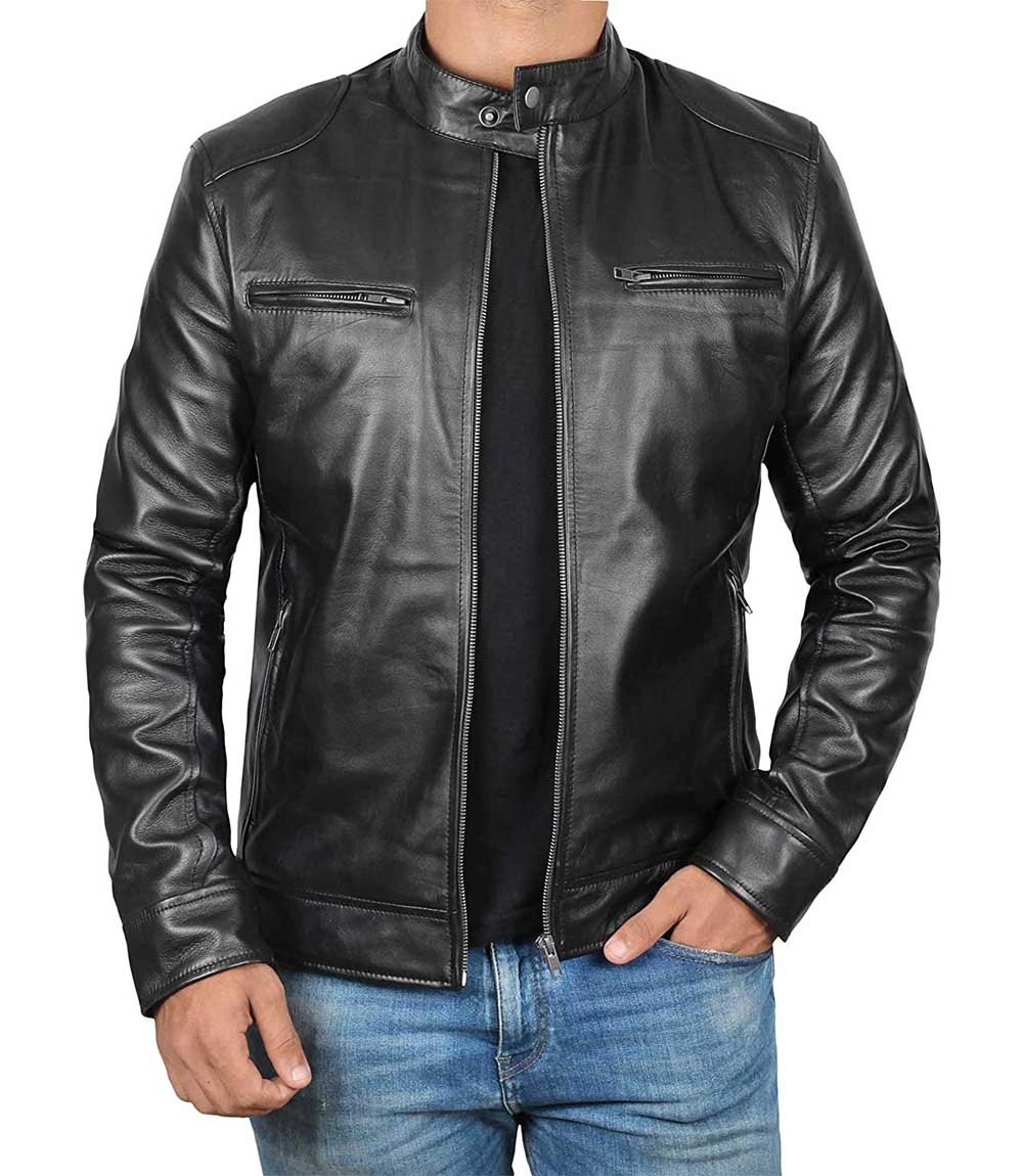 Veste en cuir noire Cafe Racer pour homme