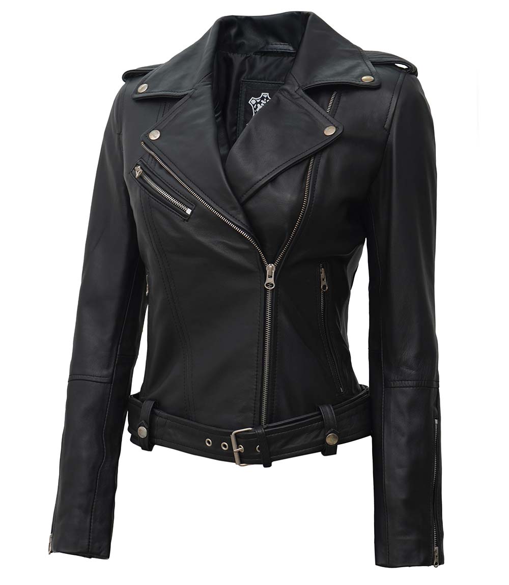 Veste en cuir motard asymétrique noire pour femme