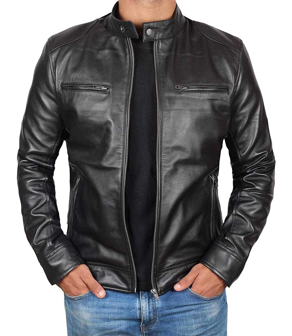 Veste en cuir noire Cafe Racer pour homme