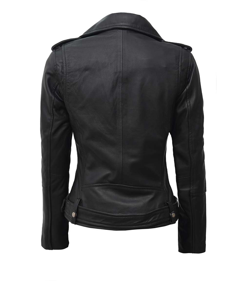 Veste en cuir motard asymétrique noire pour femme