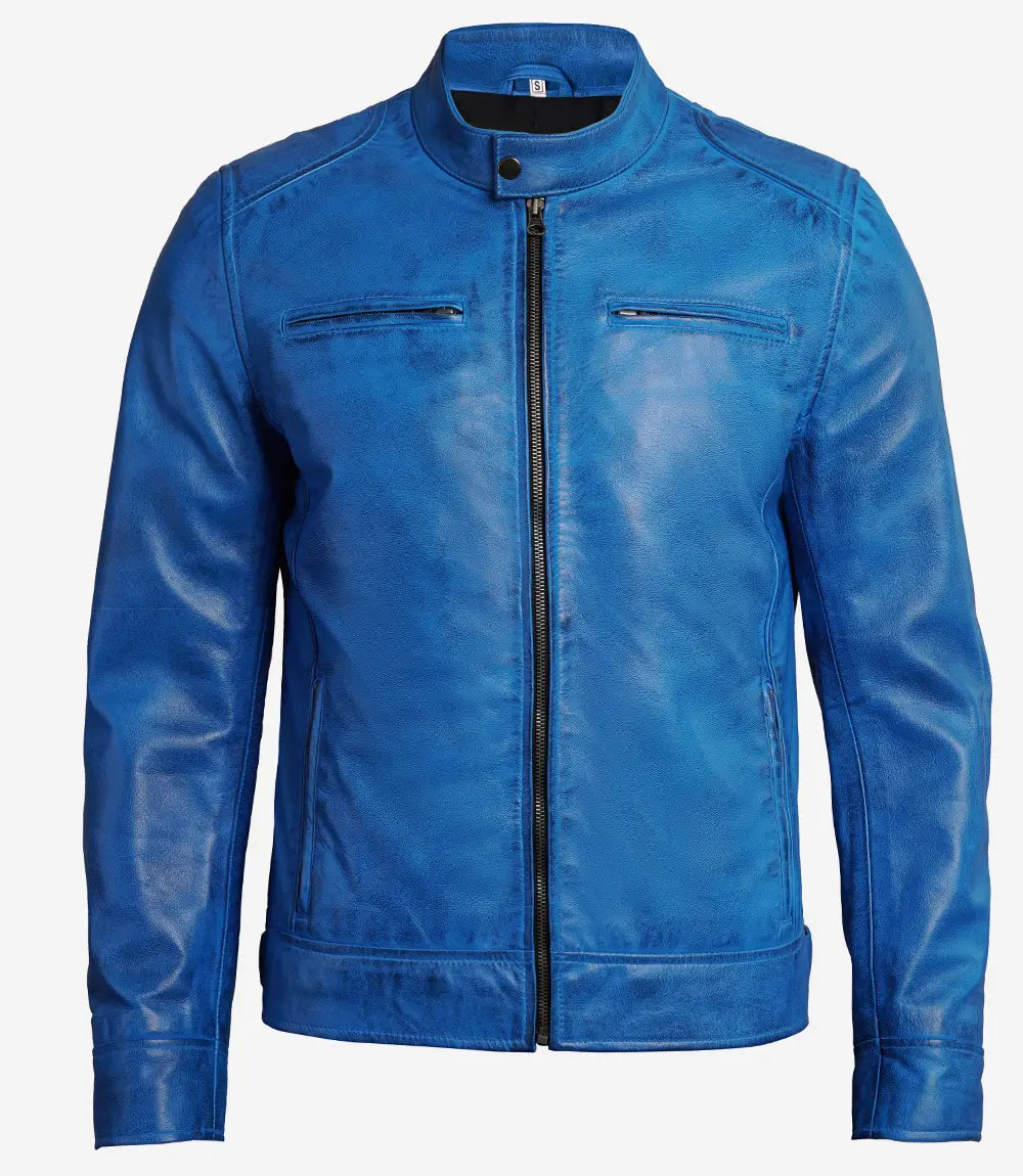 veste café racer en cuir bleu pour homme
