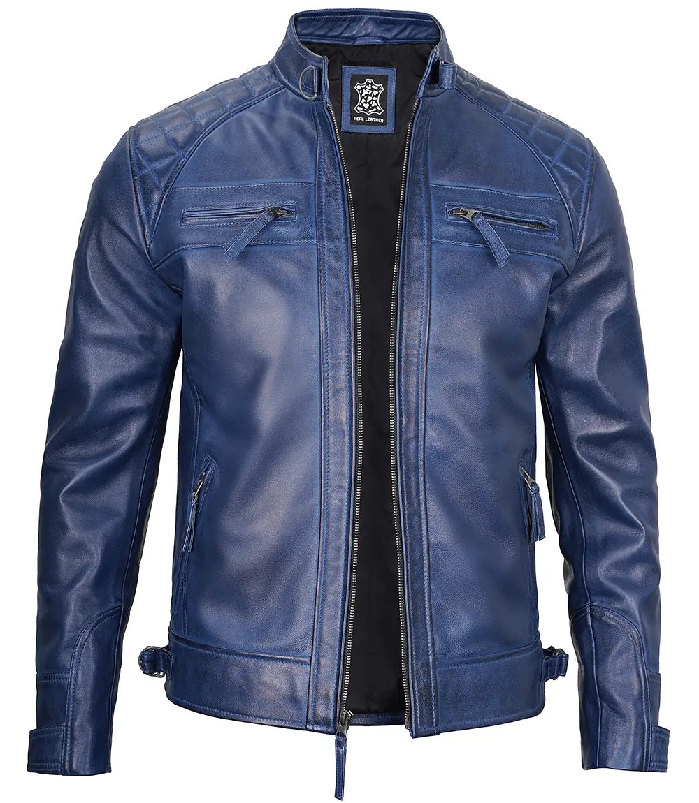 veste en cuir café racer bleue pour homme