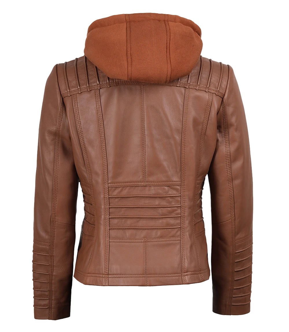 Veste en cuir à capuche marron cognac