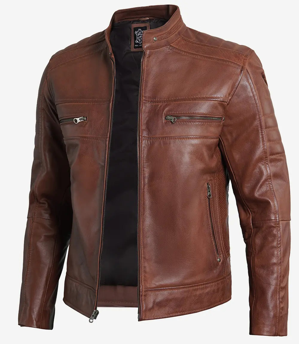 Austin Men's Cognac Cafe Racer Leather Jacket