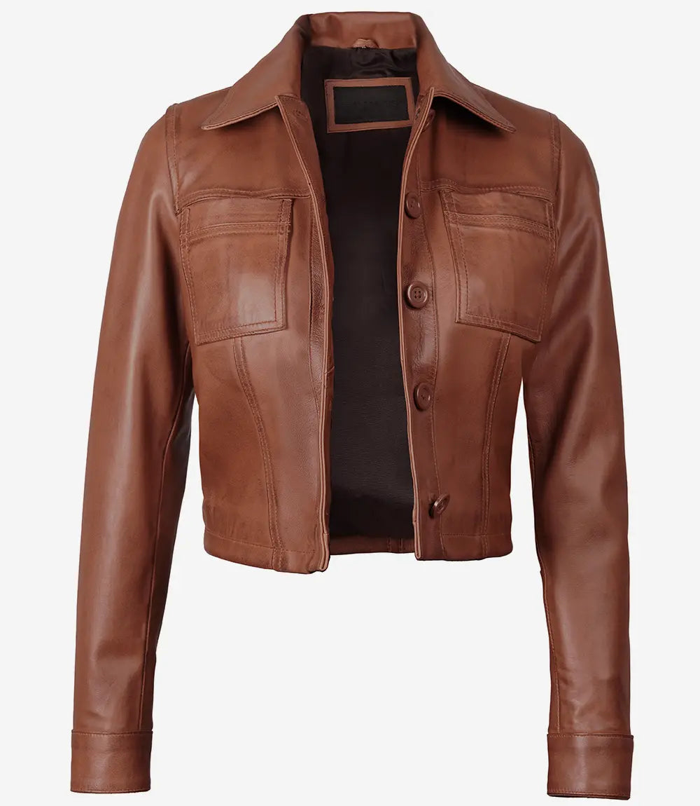 Johnson Women's Cognac Cafe Racer Quilted Leather Jacket